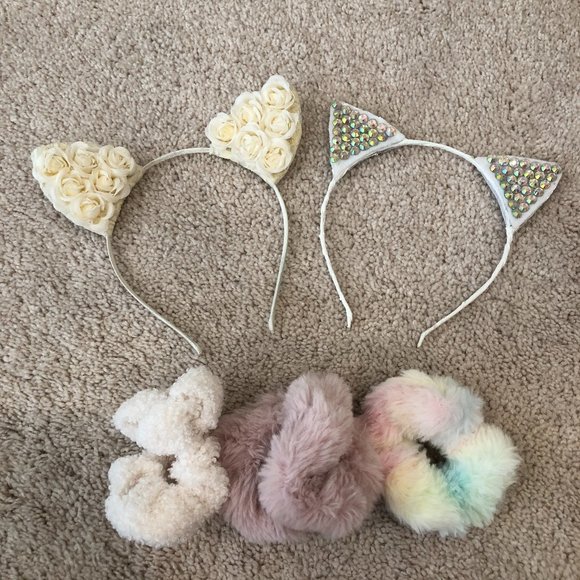 Other - NWOT Kids' Women's Cat Ears Headbands (2) with 3 Soft Plush Scrunchies